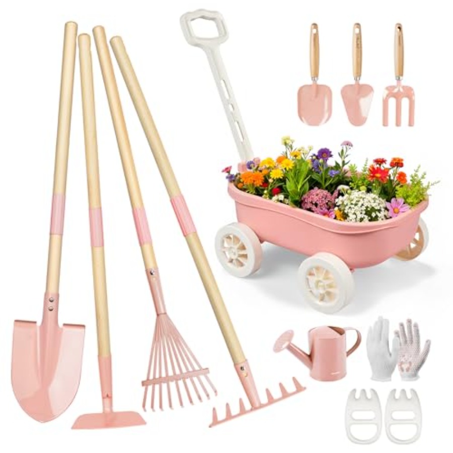 Gardening Tools Japan - ชุดทำสวนพร้อมรถเข็น 11 ชิ้น สำหรับสนามหญ้า ชายหาด ชุดอุปกรณ์เล่นทำสวน