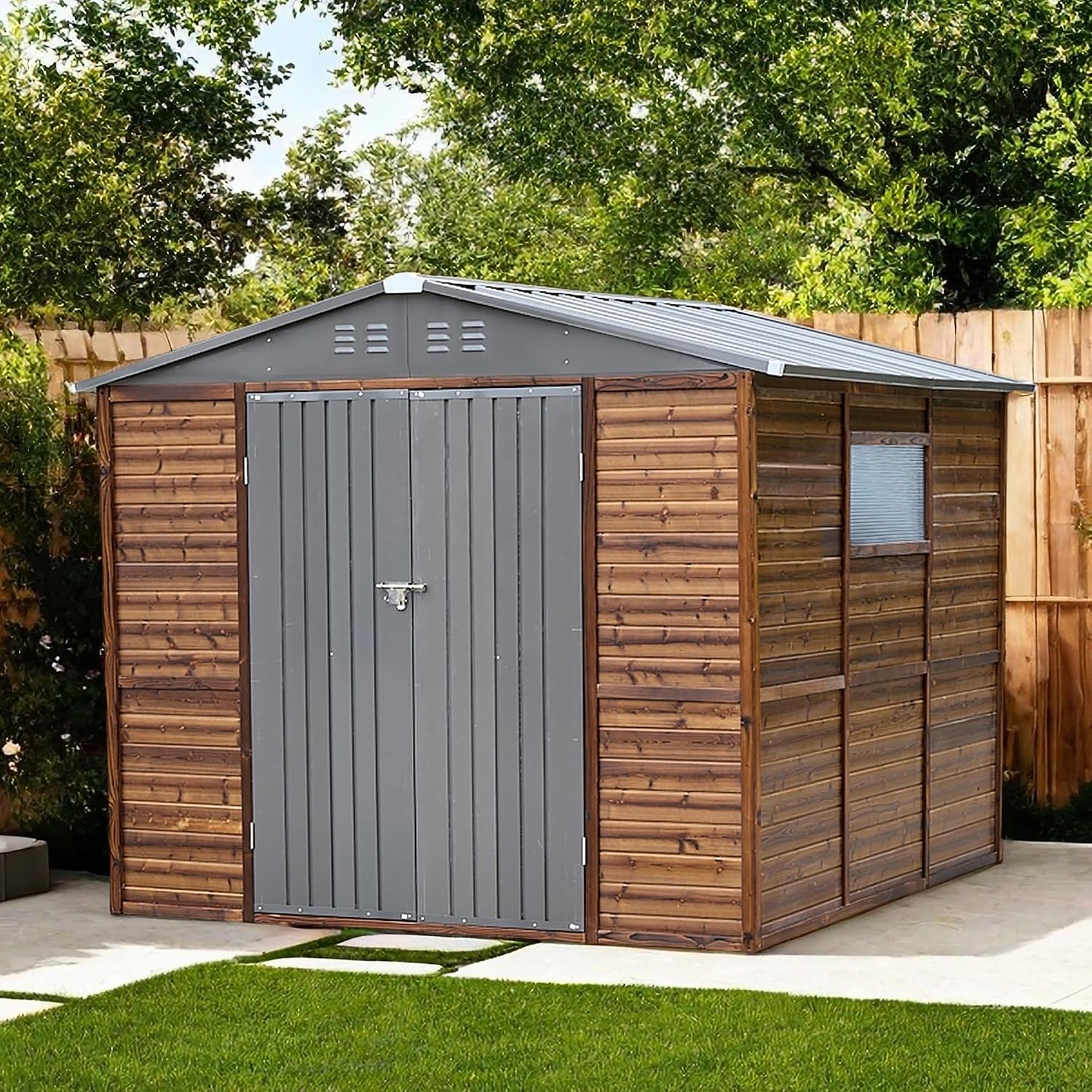 Gardening Tools Storage - โรงเก็บของกลางแจ้งขนาด 8x8 ฟุต ทำจากไม้และโลหะ กันน้ำ พร้อมหน้าต่างและช่องระบายอากาศ