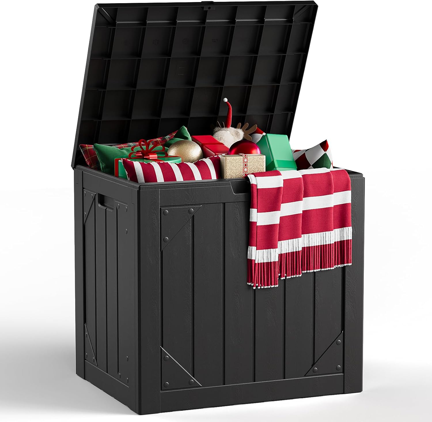 Gardening Tools Storage - กล่องเก็บของกลางแจ้งขนาด 30 แกลลอน พร้อมที่นั่ง กล่องเก็บของทำจากเรซิ่นกันน้ำ สำหรับเก็บเบาะรองนั่งและอุปกรณ์ทำสวน