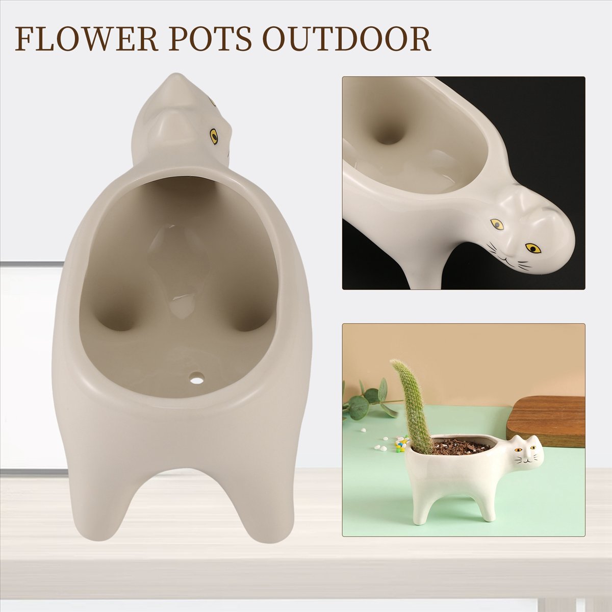 Gardening Tools Images - กระถางดอกไม้เซรามิกรูปแมวน่ารัก ABFW สำหรับปลูกแคคตัส ตกแต่งโต๊ะ สีขาว
