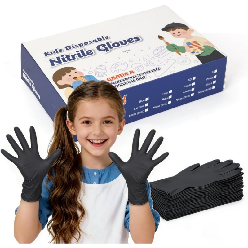 Gardening Tools Gloves - ถุงมือไนไตรล์สีดำสำหรับเด็ก 4-12 ปี 3.5 มิล ปราศจากน้ำยาง
