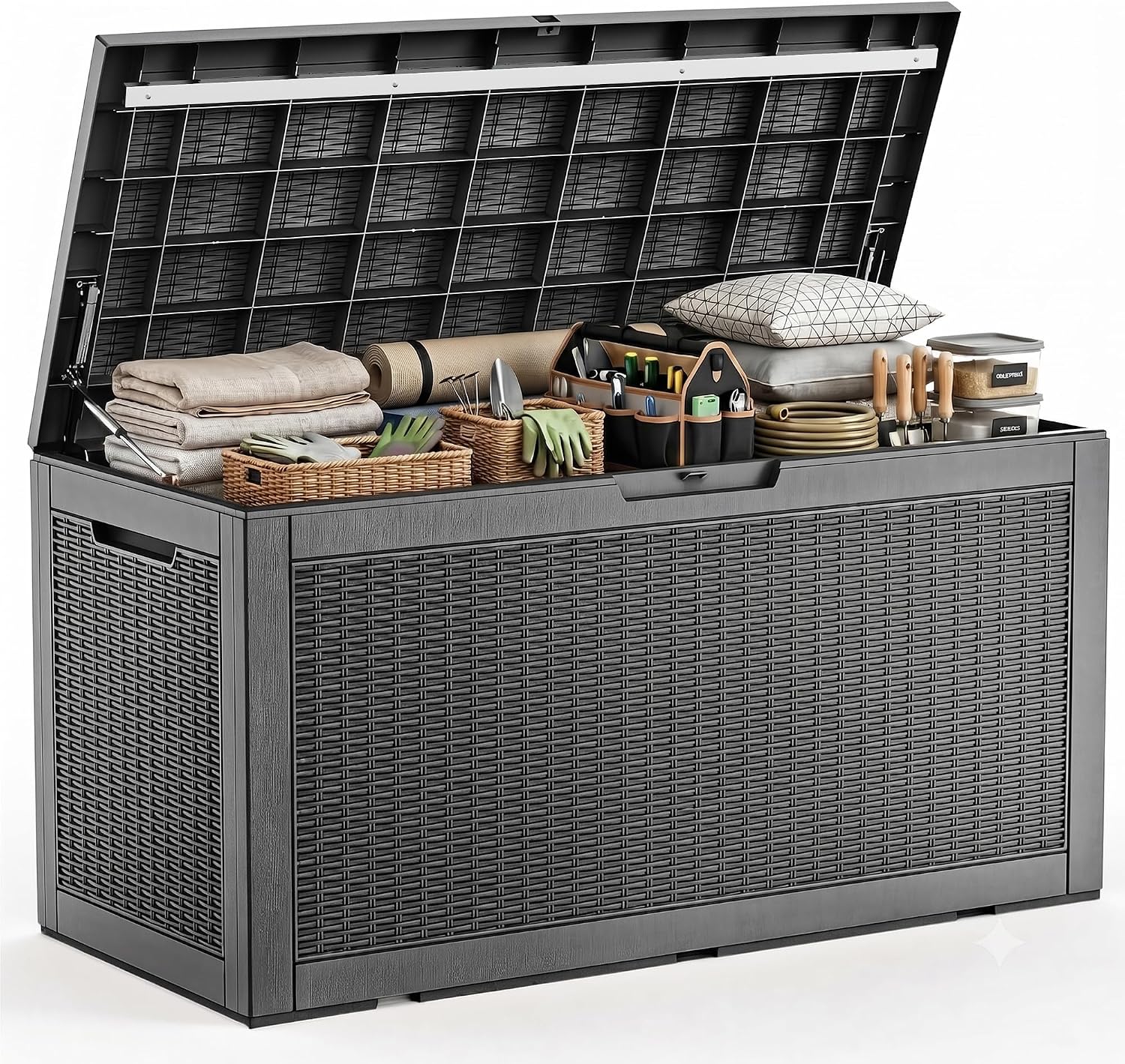 Gardening Tools Organizer - กล่องเก็บของกลางแจ้งขนาดใหญ่กันน้ำ ทำจากเรซิน พร้อมกุญแจล็อค ใช้เป็นที่เก็บของในลาน หรือเป็นม้านั่งสำหรับจัดเก็บเบาะสระว่ายน้ำ อุปกรณ์ทำสวน