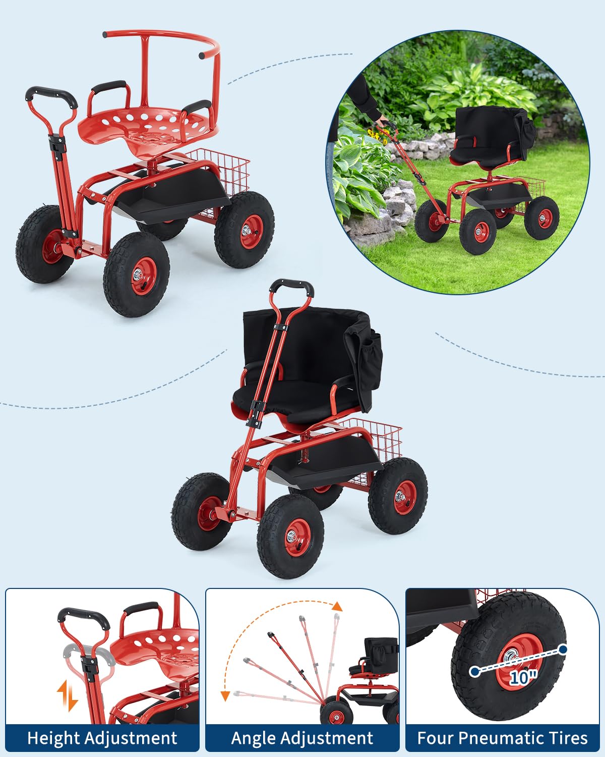 รถเข็นสวนแบบแข็งแรงพร้อมที่นั่ - Gardening Tools Basket บทวิจารณ์และราคา